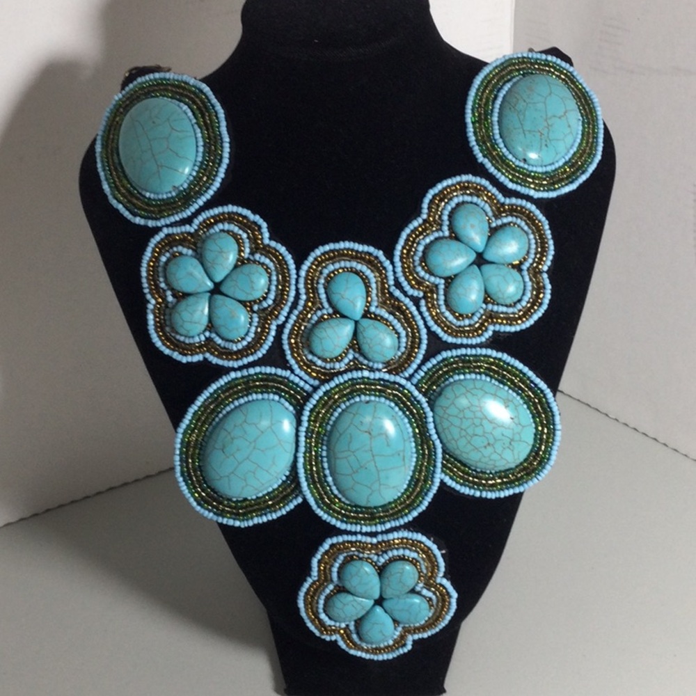 Turquoise Beaded Statement Necklace - Blue Turquoise Floral Design